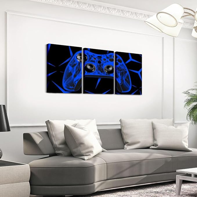 Feelyou Gamer Bathroom Wall Art for Home Decor Gamepad Canvas Wall Art for Bedroom Girls TeensGaming Gifts Office Wall Artwork Posters 12" x 16" 3 Piece Game Controller Blue Wall Painting