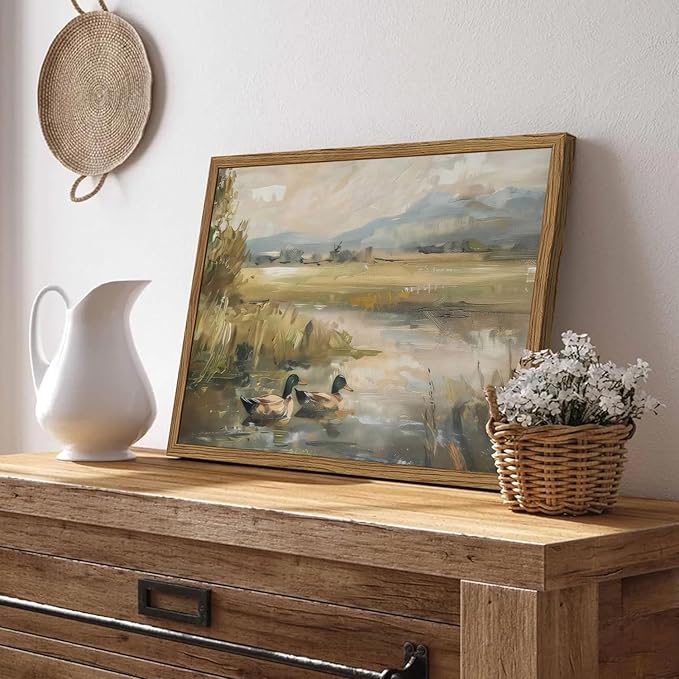 Framed Vintage Mallard Duck Wall Art Countryside Wildlife Pond Nature Canvas Prints Rustic Landscape Pictures Wall Decor for Living Room Bedroom Dining Room Offices 12x16 inch
