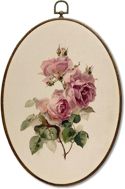 JQF Vintage Antique Pink Rose Oval Wall Art, Spring French Botanical Oval Canvas Wall Art, Rustic Cottagecore Floral Framed Prints Hanging Decor for Home Bedroom Living Room, 8.5x11.5 Inch