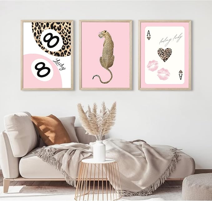 Trendy Leopard Wall Art Cheetah Print Canvas Wall Decor 8 Ball Poster Preppy Room Aesthetic Pictures Funky Coquette Vintage Prints Y2k Fashion Lucky Posters for Bedroom 12x16x3 Inch Framed