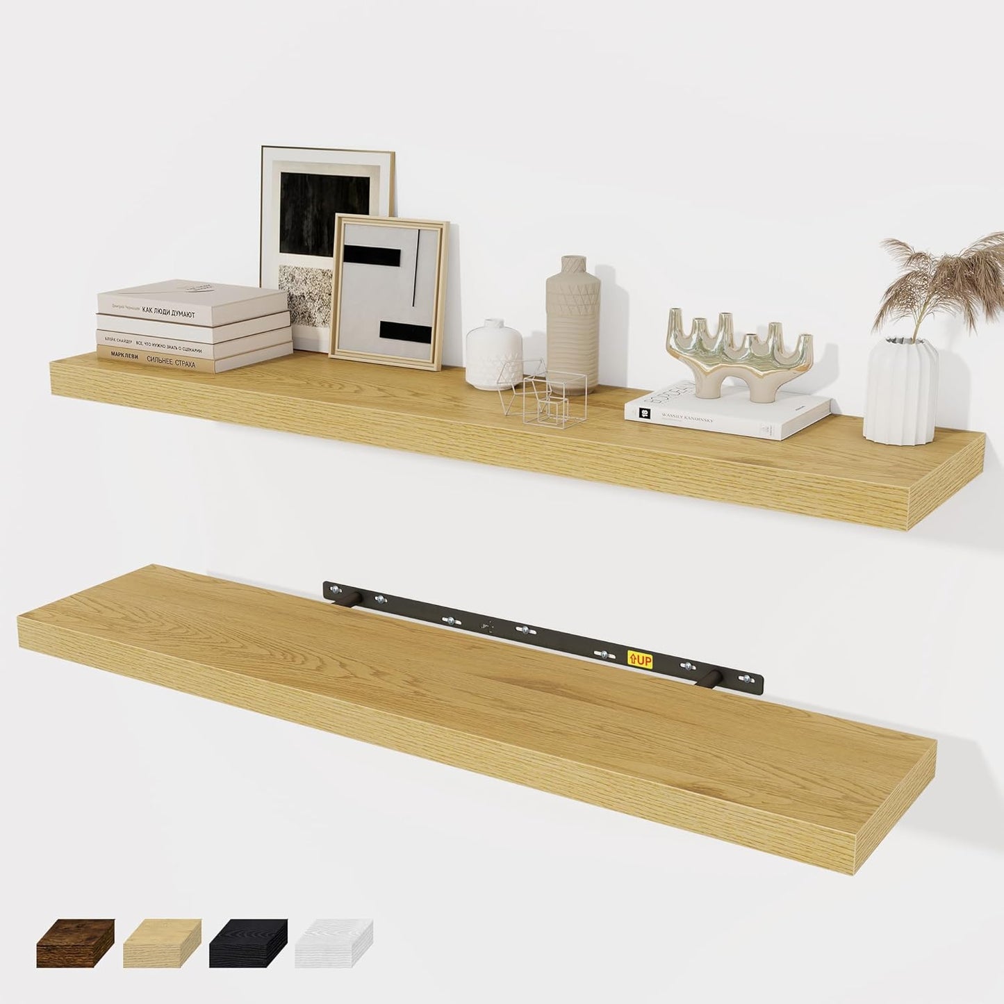 Floating Shelves Wall Shelf 40 Inch, 8 Inch Deep Floating Shelf for Wall, Farmhouse Black Wood Shelves Invisible Bracket for Living Room, Bedroom, Kitchen, 40 x 8 x 1.4 Inch, Set of 2, Oak Color