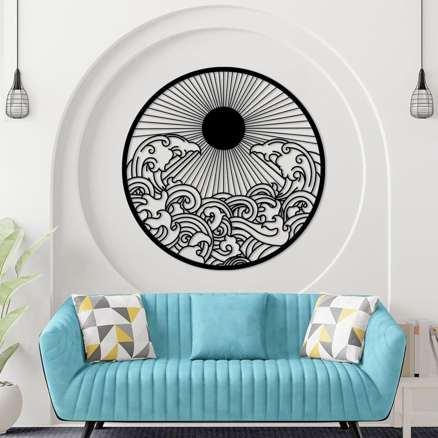 flyoak Metal Sun Wall Decor Outdoor, Sunrise Metal Wall Art, Metal Wave Wall Art, Sunrise and Wave Wall Decor, Sunburst Wall Art, Sunset Wall Art, Wall Hangings for Bedroom (Gold, 19x19in|47x47cm)