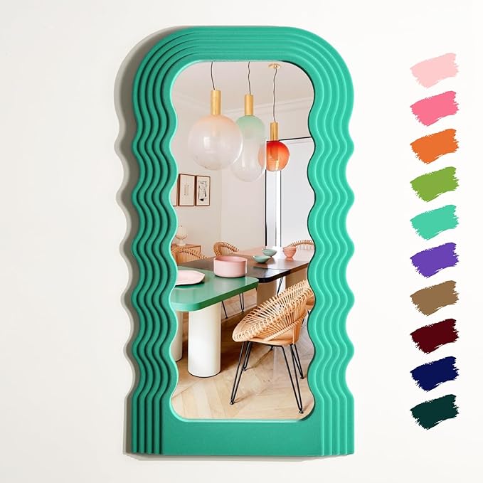 Irregular Wall Mirror Living Room Decor, 14x28 Arched Decorative Mirrors with Flocking Touch, Large Modern Wavy Mirror for Hallway Entryway Staircase, Over The Bed Wall Art Decoration (Green)