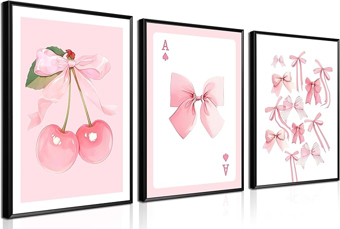 Trendy Pink Bows Posters Wall Art Set of 3, Vintage Preppy Cherry Picture Prints, Pink Girly Room Aesthetic Canvas Wall Decor Painting for College Apartment Living Room Bedroom 12x16 In Unframed