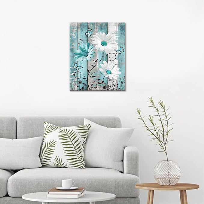 MYUSRE Farmhouse Teal Floral Wall Art for Bathroom, Turquoise Daisy and Butterfly on Retro Wood Canvas Wall Art Wildflower Nature Plant Pictures for Bedroom Living Room Wall Decor,10L X 8W inches