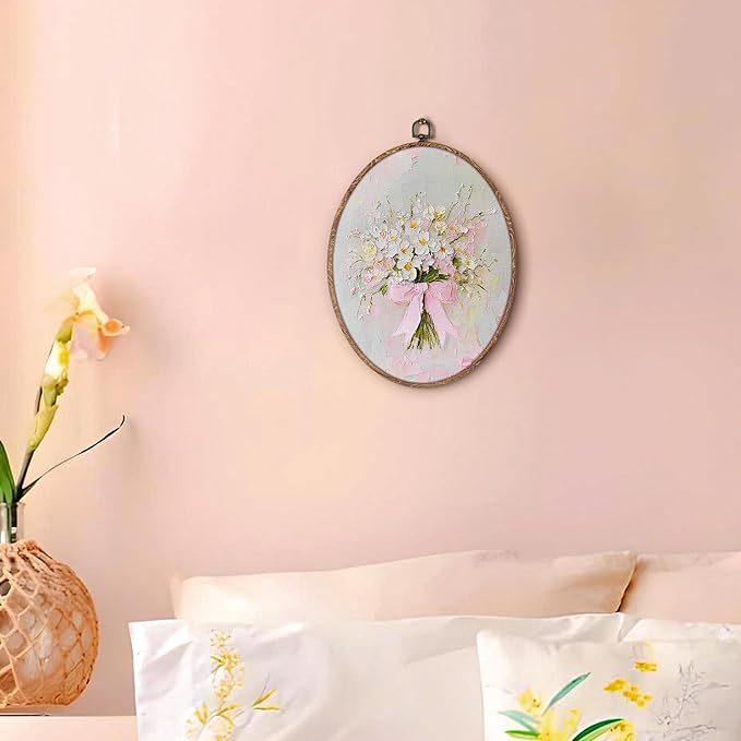 Vintage Pink Bow Floral Bouquet Oval Wall Art Framed, White Floral Oval Wall Decor, Vintage Flower Hanging Canvas Prints Wall Sculptures for Bedroom Living Room Decor, 8.5x11.5 Inch