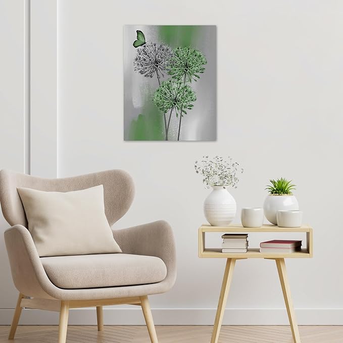 LB Green Dandelion Wall Art Green Grey Dandelion with Butterfly Canvas Wall Art Modern Abstract Wall Art Decor for Living Room Bedroom Bathroom Office Framed Ready to Hang 10L x 8W