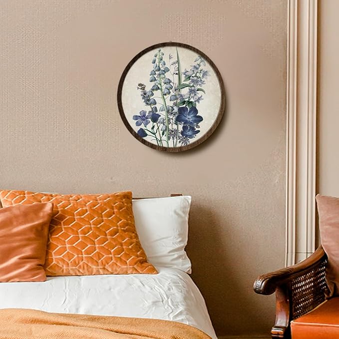BIWSHA Vintage Blue Floral French Country Wall Art Decor, Antique Wildflower Flower Botanical Round Wooden Wall Hanging Decor for Home Bedroom Living Room Bathroom Office, 10 Inch Diameter