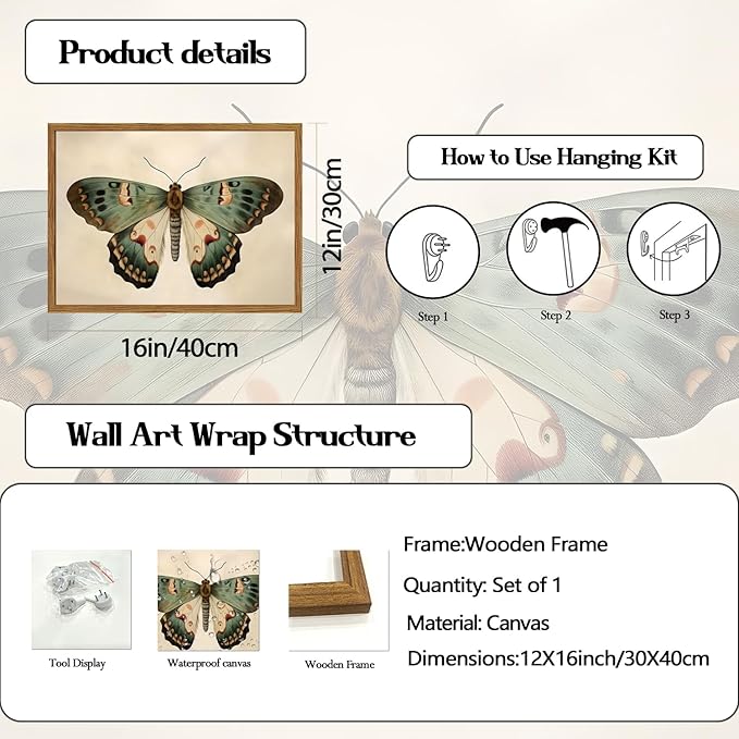 Framed Vintage Butterfly Canvas Wall Art, Moody Insect Wall Decor Paintings, Cottagecore Moth Artwork Pictures Prints Antique Home Decor for Living Room Bedroom Bathroom 12x16 inch