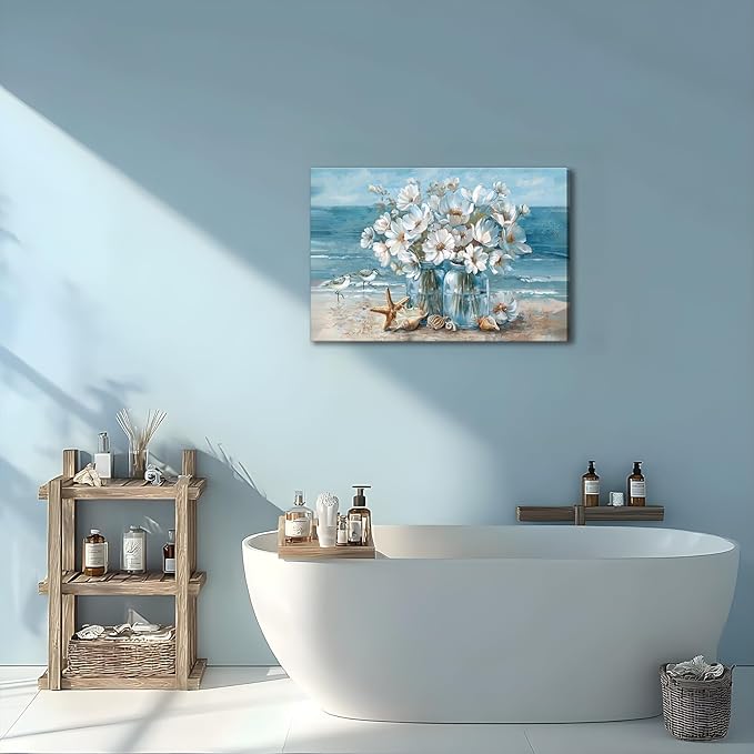 Blue Ocean Beach Bathroom Wall Art Ocean Theme Flower Canvas Painting Mason Jar White Daisies Coastal Print Artwork Starfish Seashells Seascape Picture Wall Decor for Living Room Bedroom 12x16"