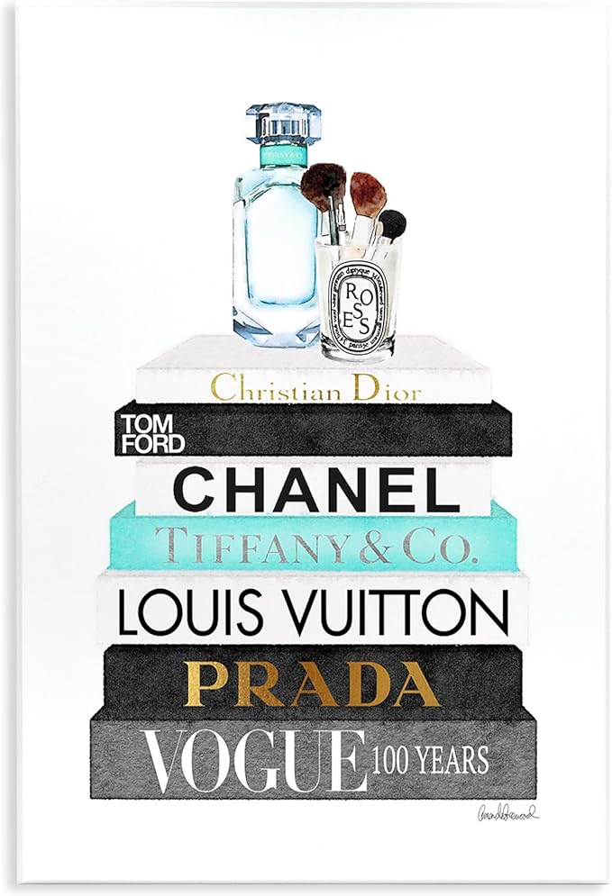 Stupell Industries Book Stack Perfume Brushes Glam Fashion Watercolor Wall Plaque, 10 x 15