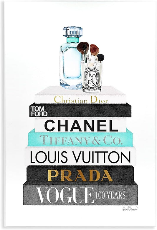 Stupell Industries Book Stack Perfume Brushes Glam Fashion Watercolor Wall Plaque, 10 x 15