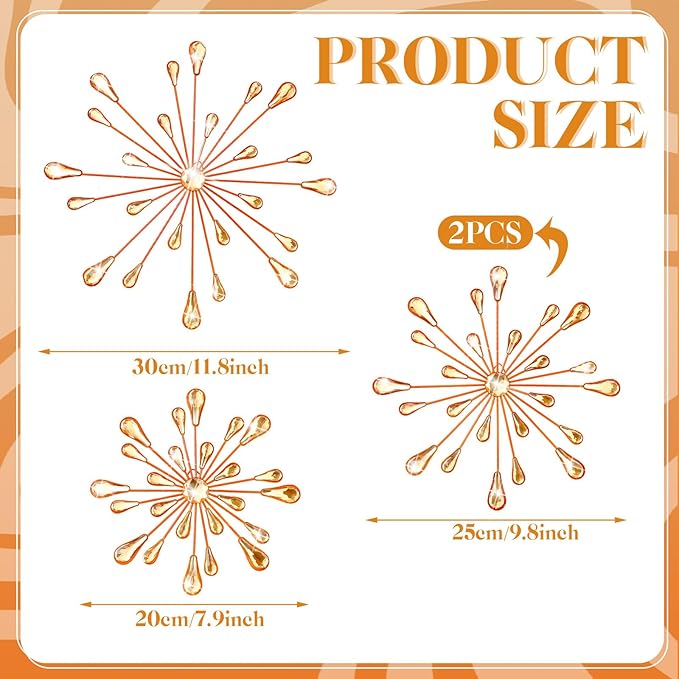 Hicarer 4 Pcs Starburst Wall Decor Bling Wall Art Crystal Teardrop 3D Hanging Rhinestone Radial Metal Artwork Modern Accent Sculptures Decorations for Living Room Home Office Bedroom(Orange)