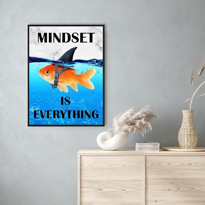 Mindset Is Everything Wall Art:Motivational Wall Decor for Office,Goldfish Prints Posters Inspirational Wall Art Framed,Uplifting Self Improvement Positive Quote Home Office Wall Art 12"x15"