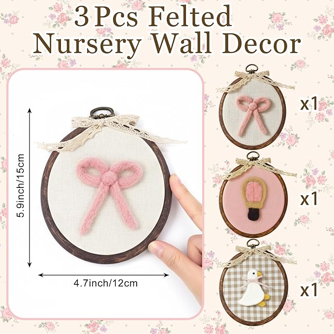 Soulchen 3 Pcs Felted Nursery Wall Decor with Goose Bow Hot Air Balloon 5 x 6 Inch Cute Animal Wall Art Vintage Decorative Artwork for Nursery Bathroom Living Room Baby Room Bedroom Farmhouse Decor