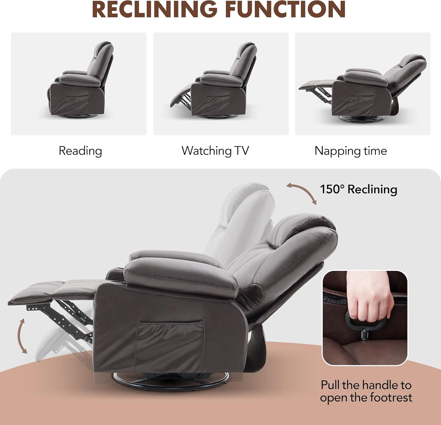 Oversized Swivel Rocker Recliner Chair with Heat and Massage, 360 Degree Swivel Rocking Single Sofa with Cup Holders and USB Port, Large Big Recliner Chair for Living Room (Leather, Brown)