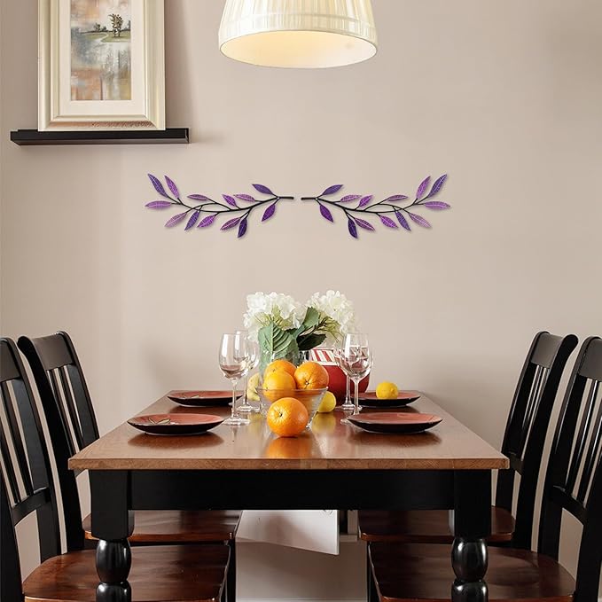 Metal Tree Leaf Wall Decor 2 PCS Rustic Vine Branch Leaf Wall Art for Living Room Bedroom Bathroom Decorations - Dazzling Purple