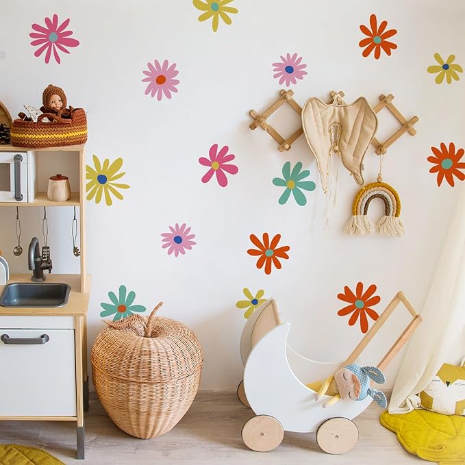 24 PCS Flower Wall Decals Peel and Stick, Daisy Wall Decor for Girls Bedroom, Colorful Daisy