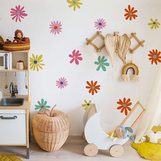 24 PCS Flower Wall Decals Peel and Stick, Daisy Wall Decor for Girls Bedroom, Colorful Daisy