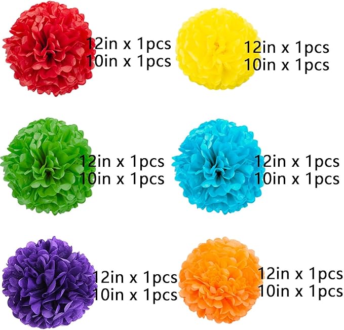 We Moment Rainbow Tissue Hanging Paper pom poms Decorations,Colour Tissue Hanging Paper Pom Poms Flower Ball Wedding Birthday Rainbow Party Baby Shower Decorate，6 Colors of 12 Inch, 10 Inch