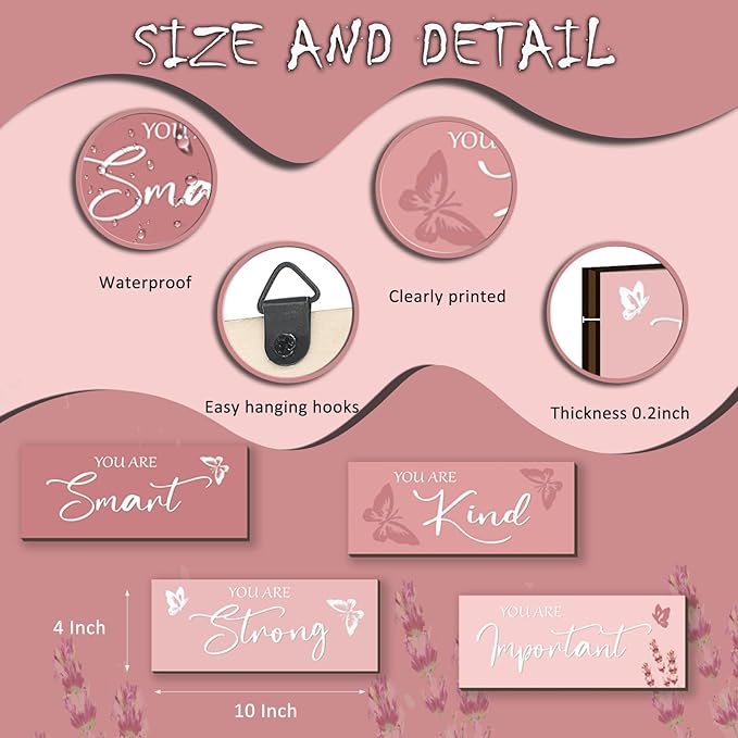 FENCORDAR 4 Pcs Butterfly Wall Decor Girls Room Decor Wooden Pink Wall Decor Positive Butterfly Wall Art Prints Inspirational Gift for Teen Girls Women Room Nursery Bedroom Bathroom(Pink, 10x4)