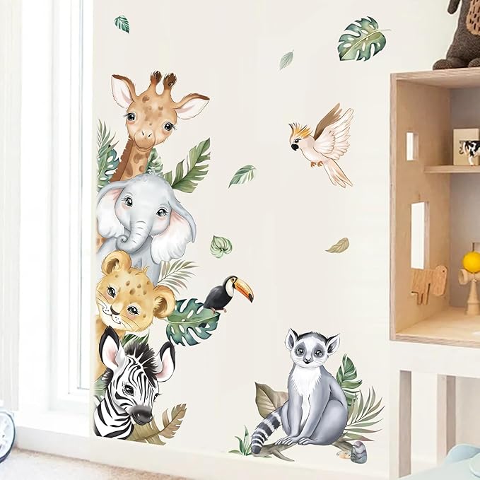 decalmile Jungle Animals Door Wall Decals Safari Elephant Giraffe Wall Stickers Kids Room Baby Nursery Bedroom Door Wall Decor