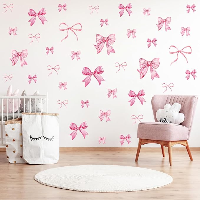 Whaline 12 Sheets Trendy Pink Bow Wall Stickers Light Pink Bow Knot Wall Decals Watercolor Room Mural Stickers for Girls Party Valentine's Day Home Bedroom Nursery, 7.9 x 11.8 Inch