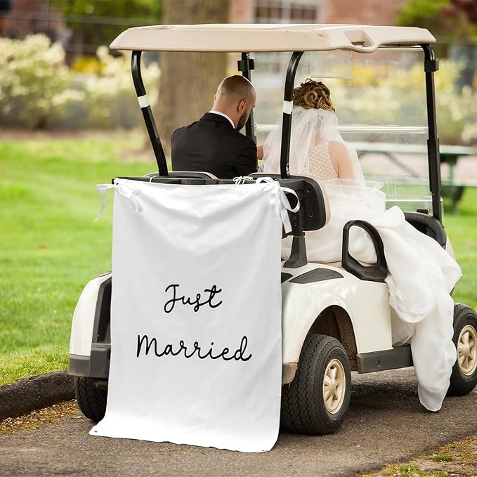 Oudain 29x39 Inch Just Married Burlap Banner, Wedding Fabric Backdrop with Ribbons and Hooks, Rustic Boho Photo Props Sign for Wedding Marriage Party Indoor Outdoor Wall Hanging Decoration