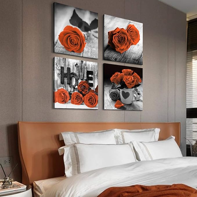 Orange Wall Art Bloom Rose Pictures Canvas Prints Red and Black Floral Wall Decor Accessories Love Framed Flower Paintings Modern Contemporary Artwork Bedroom Kitchen Office Home Decorations 24x24”