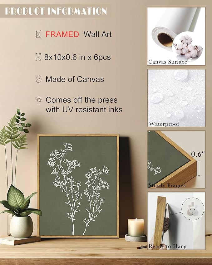 Drsoum Vintage Botanical Wall Art Framed Boho Wall Decor Wooded Minimalist Plant Print Modern Rustic Farmhouse Home Kitchen 8x10inx6pcs