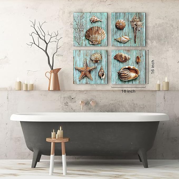 Teal Shells Wall Art Home Decor for Bathroom Shell Conch Framed Canvas Prints Cyan Sea Ocean Blue Plank Marine Life Coral Starfish Paintings Pictures Living Room Homes Decoration Set 4 Piece 24x24