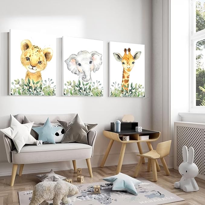 Baby Safari Nursery Wall Decor - Set of 3 Pictures Cute Animal Wall Prints on Canvas Jungle Nursery Safari Decor gifts for Baby Boys and Girls Room, Framed Wall Art (12 x16inch)