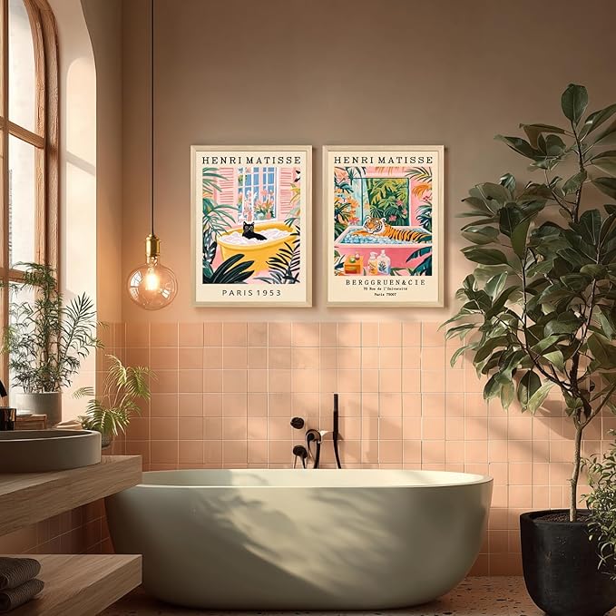 IAFWZX Wood Framed Funny Bathroom Wall Art, Humorous Tiger In Bathtub Wall Decor, Henri Matisse Whimsical Animal Canvas Painting, Colorful Tropical Botanical Artwork for Living Room Bedroom 16"x24"