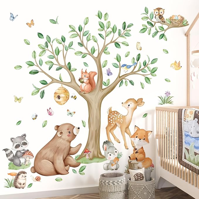 wondever Woodland Animal Tree Wall Stickers Bear Deer Fox Owl Peel and Stick Wall Art Decals for Baby Nursery Kids Bedroom Living Room
