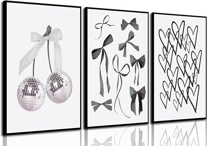 3pcs Black and White Trendy Preppy Wall Art Bows Disco Ball Many Heart Girly Coquette Room Wall Pictures Painting Minimalist Canvas Poster Prints for Girls Bedroom College Dorm Decor 12x16in