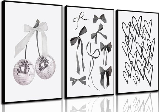 3pcs Black and White Trendy Preppy Wall Art Bows Disco Ball Many Heart Girly Coquette Room Wall Pictures Painting Minimalist Canvas Poster Prints for Girls Bedroom College Dorm Decor 12x16in