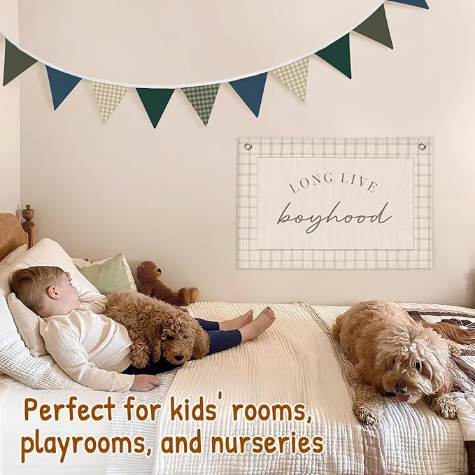 Lacama Boys Toddler Room Playroom Nursery Decor,Garland Triangle Banners Blue Grey, Vintage Warm Neutral Plaid Design Pennant Banner Bunting Flags Fabric for Baby Shower Birthday Party Decorations