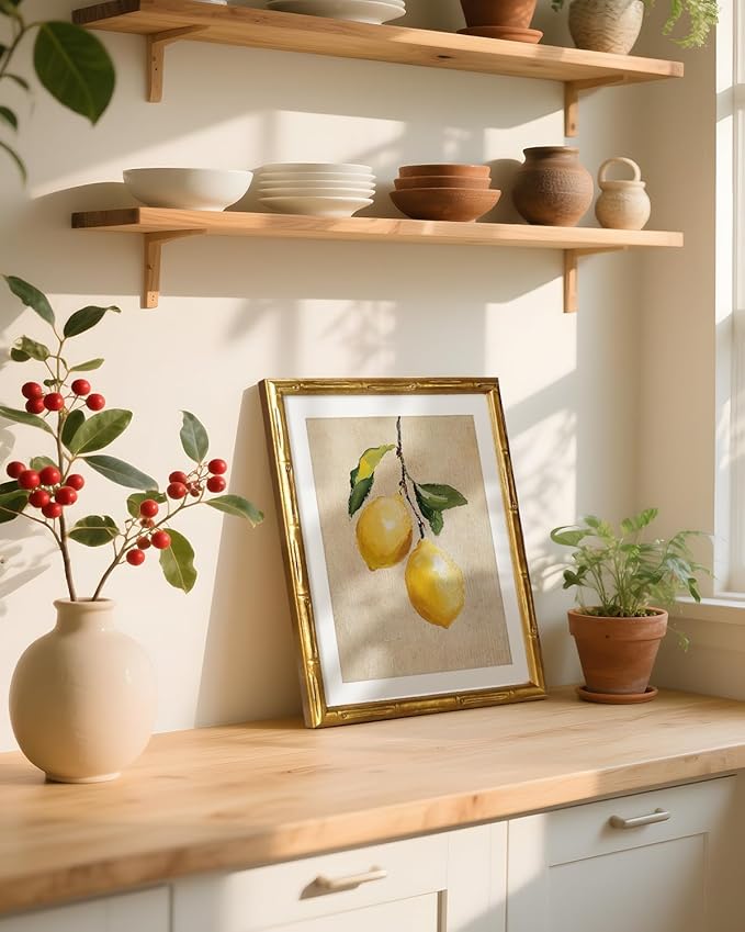 VIYYIEA Bamboo Detail Design Gold Framed Wall Art, Lemon Gold Framed Vintage Bamboo Style Wall Art for Living Room, Canvas Picture Print Painting, 11 x 14 Inch