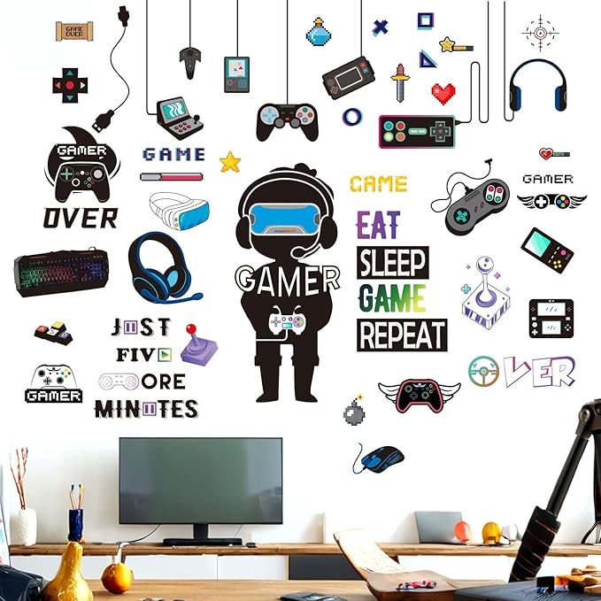 Gamer Wall Stickers - Controller Eat Sleep Games Joystick Video Gaming Wall Decals - Boys Bedroom Playroom Baby Kids Room Wall Decor