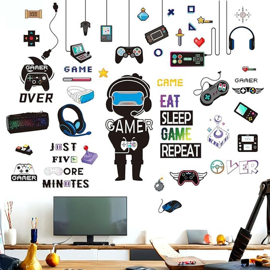 Gamer Wall Stickers - Controller Eat Sleep Games Joystick Video Gaming Wall Decals - Boys Bedroom Playroom Baby Kids Room Wall Decor