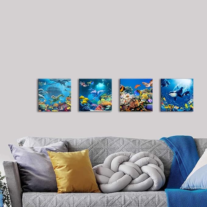 Sea Animal Wall Art Ocean Bathroom Pictures Nautical Turtle Dolphin Fish Whale Wall Decor Blue Undersea World Coral Reef Landscape Canvas Prints Painting Coastal Posters Artwork Decoration 12x12” 4Pcs