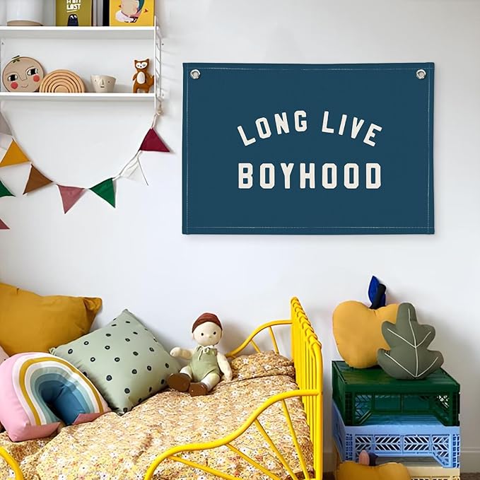 Long Live Boyhood Boys Room Decor - Linen Banner Wall Hanging Canvas Banner Flag Decor for Toddler Boy Room Nursery Playroom - Navy Blue