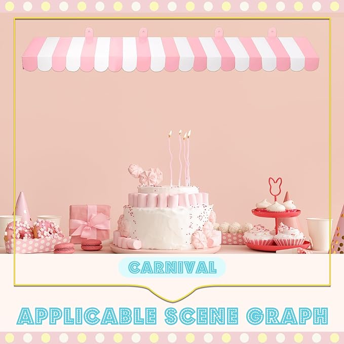 Boao 4 Pack Pink Circus Awning Decoration 3D Pink and White Stripe Cardboard Awning Bulletin Board Wall Decor Sweet Ice Cream Party Favors for Lemonade Stand Truck Bulletin Board