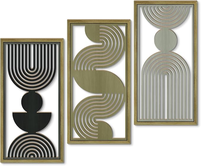 Putuo Decor Modern Minimalist Wall Decor Set of 3, Black Brown Gray MDF Cut-Out Geometric Line Panels, Abstract Vertical Art for Living Room Bedroom Office Wall Art