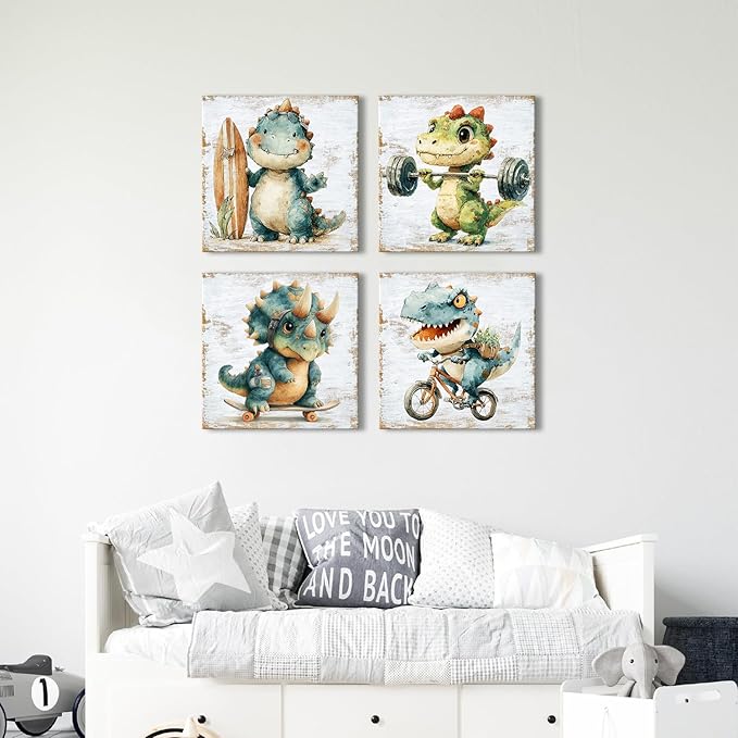 Watercolor Dinosaur Canvas Wall Art Baby Toddler Bedroom Decor Cartoon Dino Sports Theme Pictures Wall Decor Funny Animals Bike Surfing Paintings Prints Posters Artwork Nursery Decoration 16x16in 4Pcs