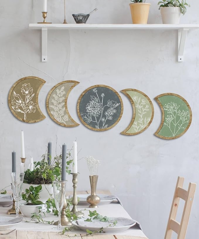 Putuo Decor Moon Phase Botanical Wall Art Set of 5, Crescent Wood Floral Panels for Bedroom Nursery Meditation Room