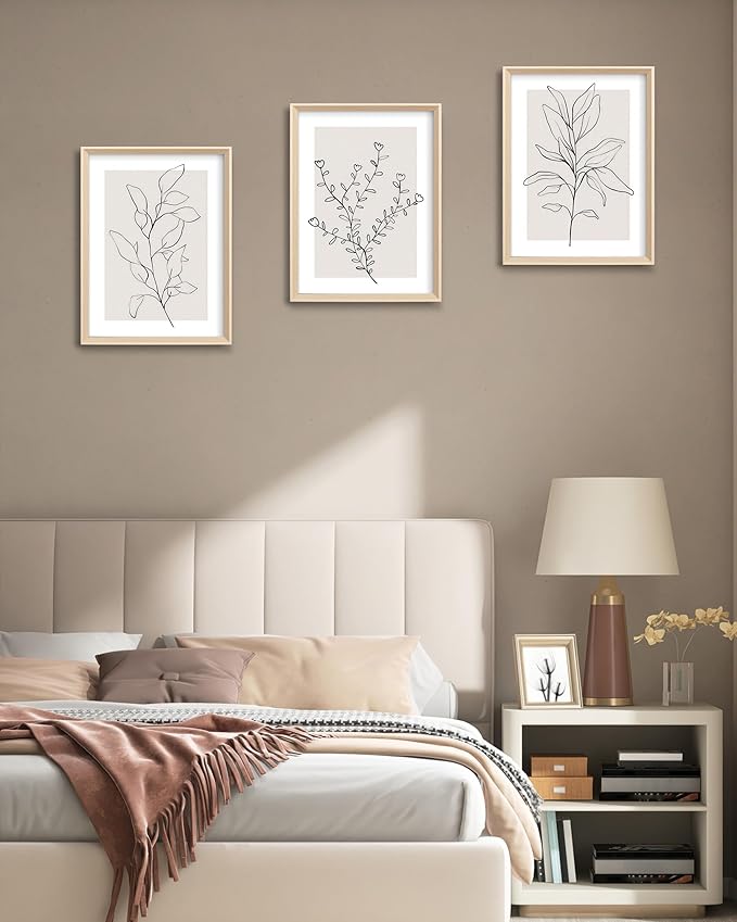 HesenDot 12x16in Botanical High Framed Wall Art Set of 3, Minimalist Line Drawing Plant Canvas Prints, Neutral Modern Nature Wall Decor for Living Room Bedroom Bathroom Office