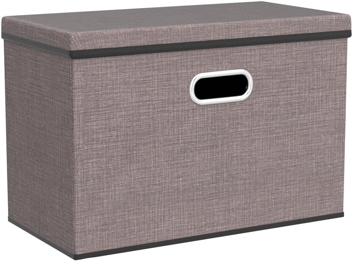 PRANDOM Large Collapsible Storage Bins with Lids [3-Pack] Linen Fabric Foldable Storage Boxes Organizer Containers Baskets Cube with Cover for Home Bedroom Closet Office Nursery (17.7x11.8x11.8)
