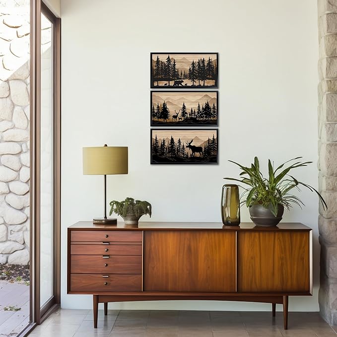 WELMECO Cabin Decor Bear Moose Deer Wall Art Rustic Home Decor Woodland Farmhouse Living Room Bedroom Bathroom Decor Forest Animal Picture, Black Framed 8x16inchx3 Pieces,Brown