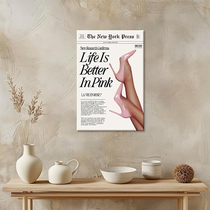 Trendy Baby Pink Poster 70s Canvas Prints The New York Press Wall Art Life Is Better in Pink Hot Girl Posters Preppy Aesthetic Decor Bedroom for Cool Girly Room Home Dorm 16x24inch Framed